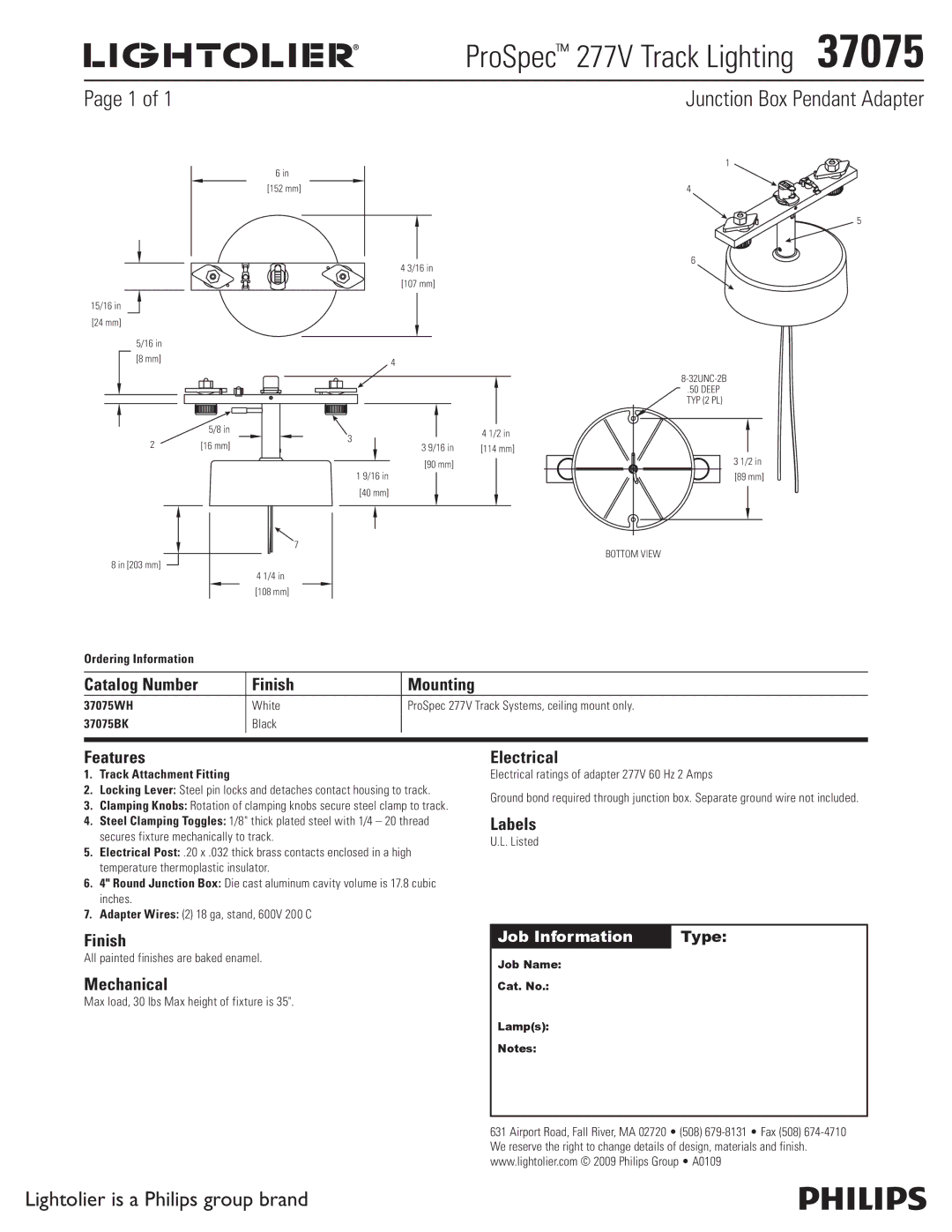 Lightolier 37075 manual ProSpec 277V Track Lighting , Junction Box Pendant Adapter 